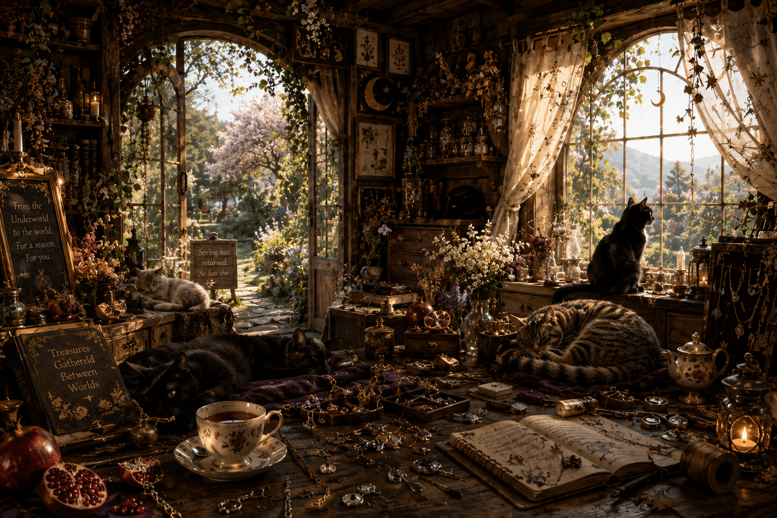 Purrsephone's cottage workroom — a sunlit table scattered with charms and jewelry, cats asleep among the treasures, the garden door standing open